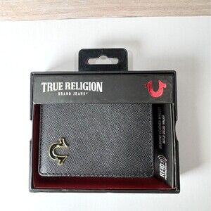 New True Religion Men's Genuine Leather Black Bifold  Wallet RFID Metal  Logo